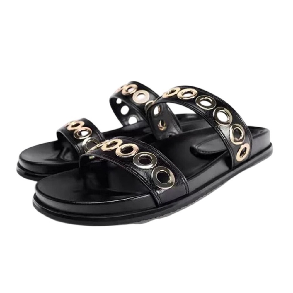 Zara Black Leather Gold Ring Grommet Slide Sandals Flat Slides 2625/311/800 Sz36